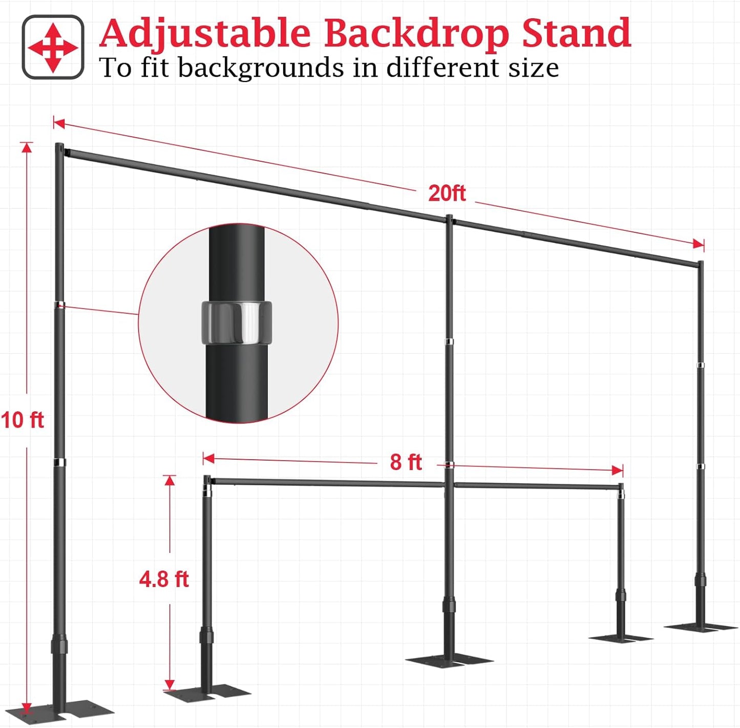 EMART Backdrop Stand Heavy Duty 10ftx20ft, Adjustable Pipe and Drape Photo Background Support Kit, Metal Frame with Flat Base for Wedding Birthday Party Banquet Decorations-Black