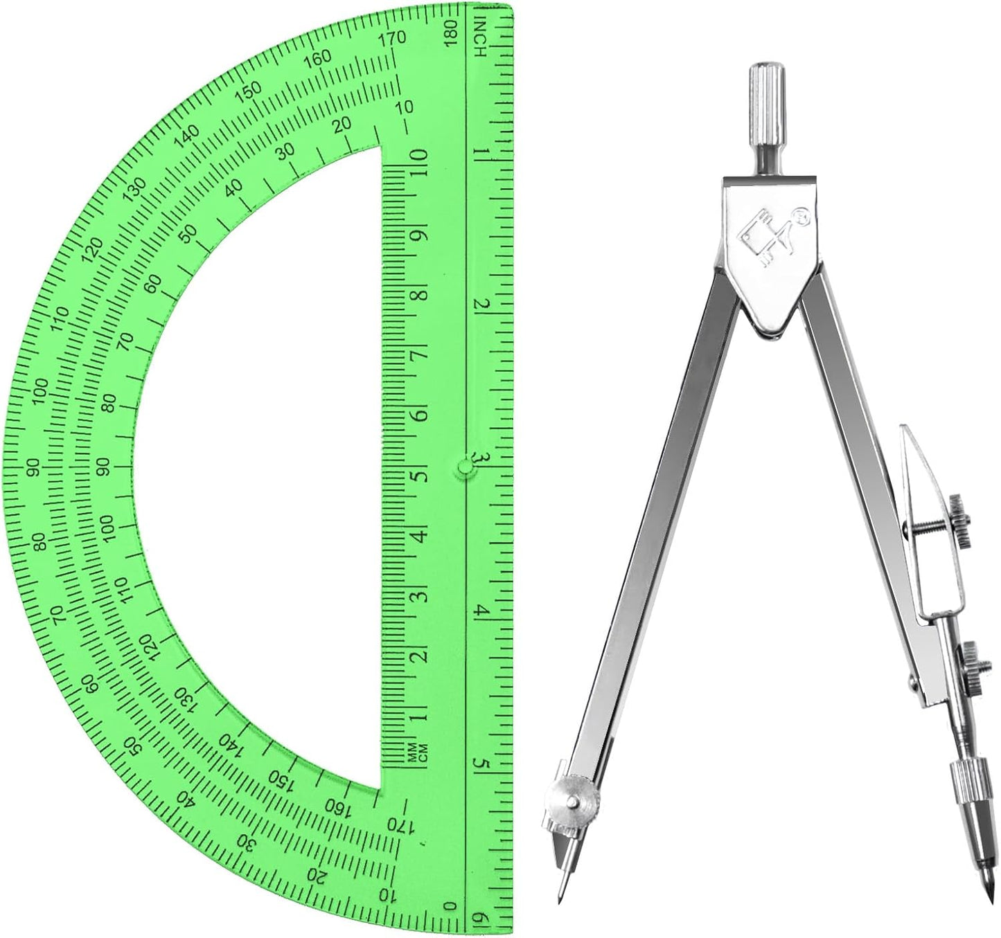 Students Geometry Math Set, Drawing Compass and 6 Inch Transparent Swing arm Protractor 180 Degree Math Protractor (Green)