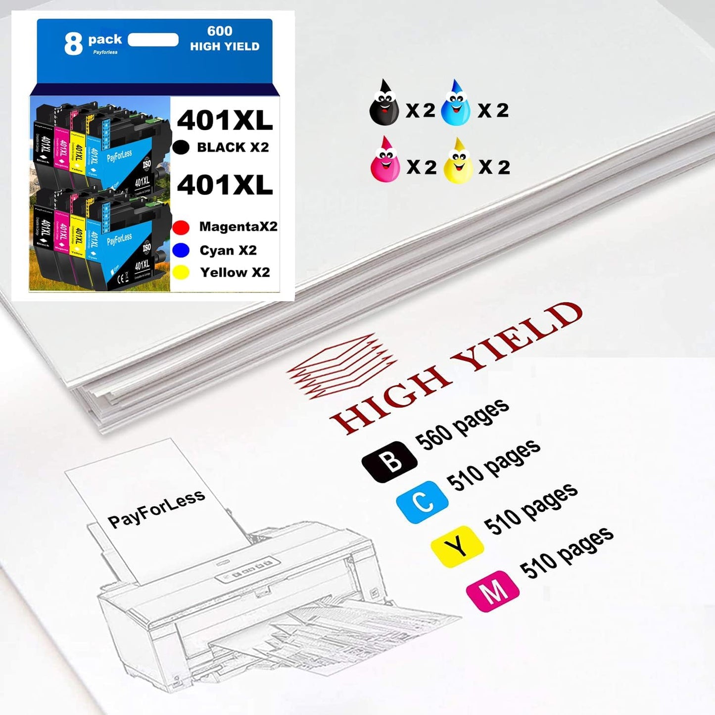 PFL LC401XL Ink Cartridges for Brother Printer Compatible LC401 Ink Cartridges for MFC-J1010DW MFC-J1012DW MFC-J1170DW Printer 8 Pack (2 Black, 2 Cyan, 2 Magenta, 2 Yellow) Not Original Ink Cartridge