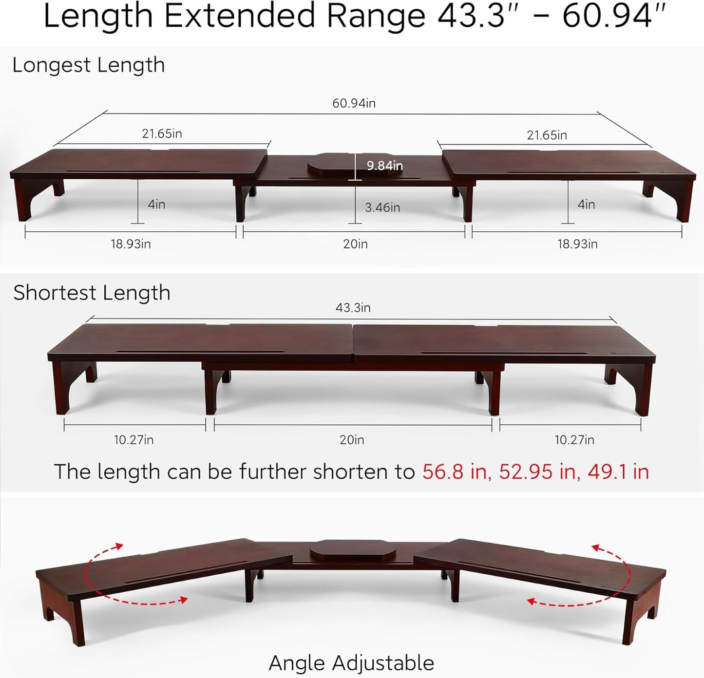 Nnewvante Monitor Stand Riser, Upgrade Height Large TV Riser, 60 inch Large Bamboo Dual Monitor Stand for Desk, 3 Shelves Desktop Screen Riser with Adjustable Length Angle for Computer Laptop Walnut