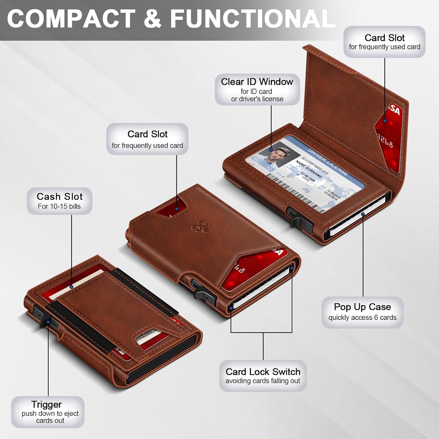 Wallet for Men Wallet with Slim Pop Up Card Holder 9-13 Cards, Bifold Minimalist Smart Wallet RFID Blocking Credit Card Holder with ID Window & Stretchable Cash Slot Compact Metal Aluminum Card Case