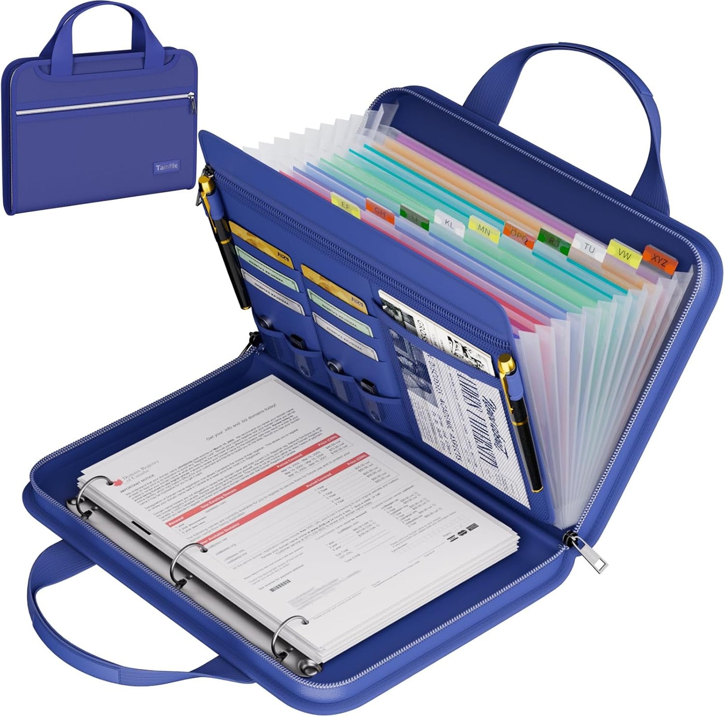 Fireproof Accordion File Organizer with Handle, 13 Pocket Expanding File Folder with Zipper & Labels, File Folder with 3 Ring Binder, Multi Pockets Paper Organizer Folder for Letter A4 Files (Blue)