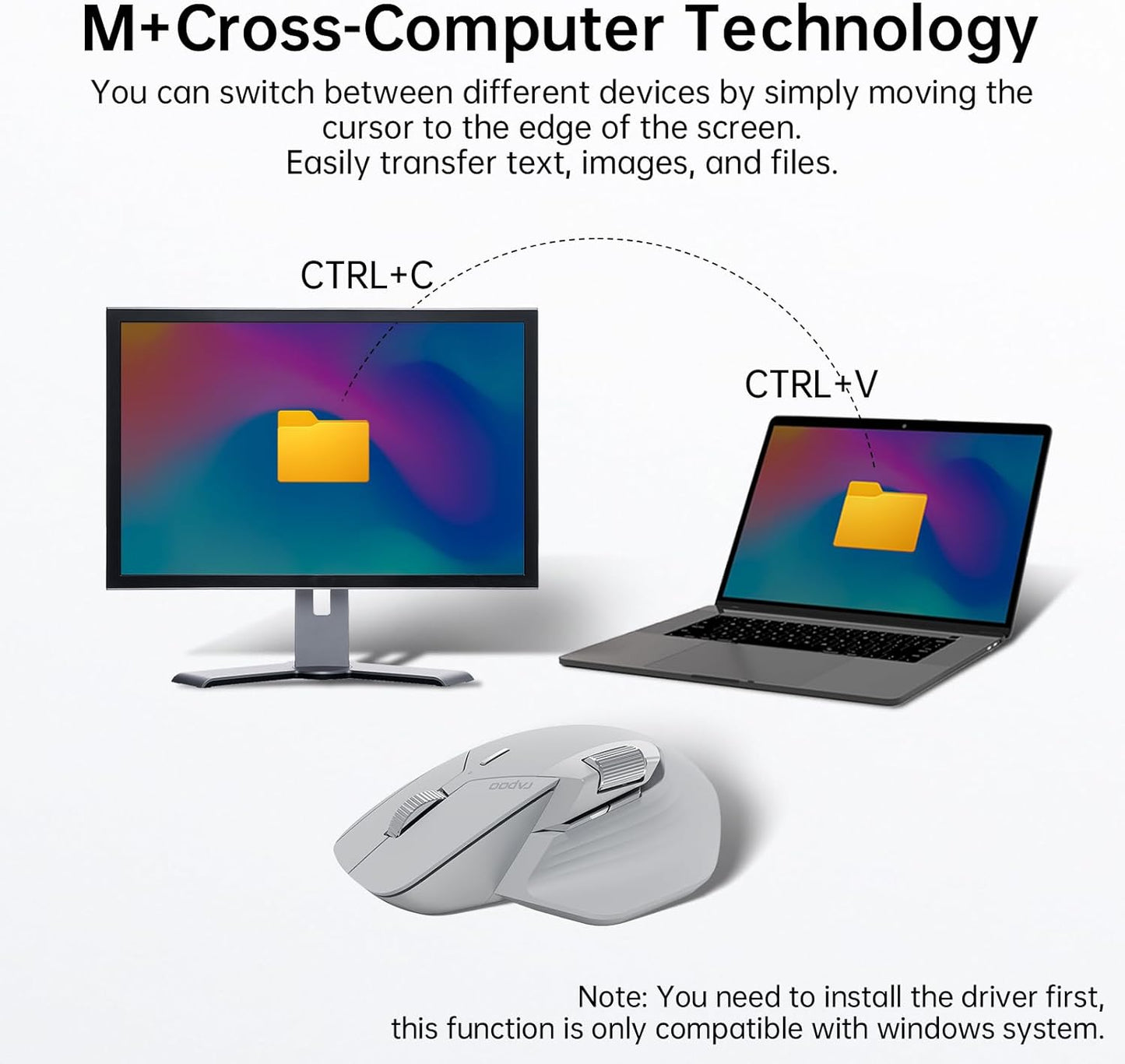 Rapoo MT760 Multi-Device Wireless Mouse, Bluetooth 5.0 and 2.4G Multi-Mode Connection, Up to 4 Devices, 11 Programmable Buttons, 4K DPI, 90 Days Battery Life, PC, Light Grey