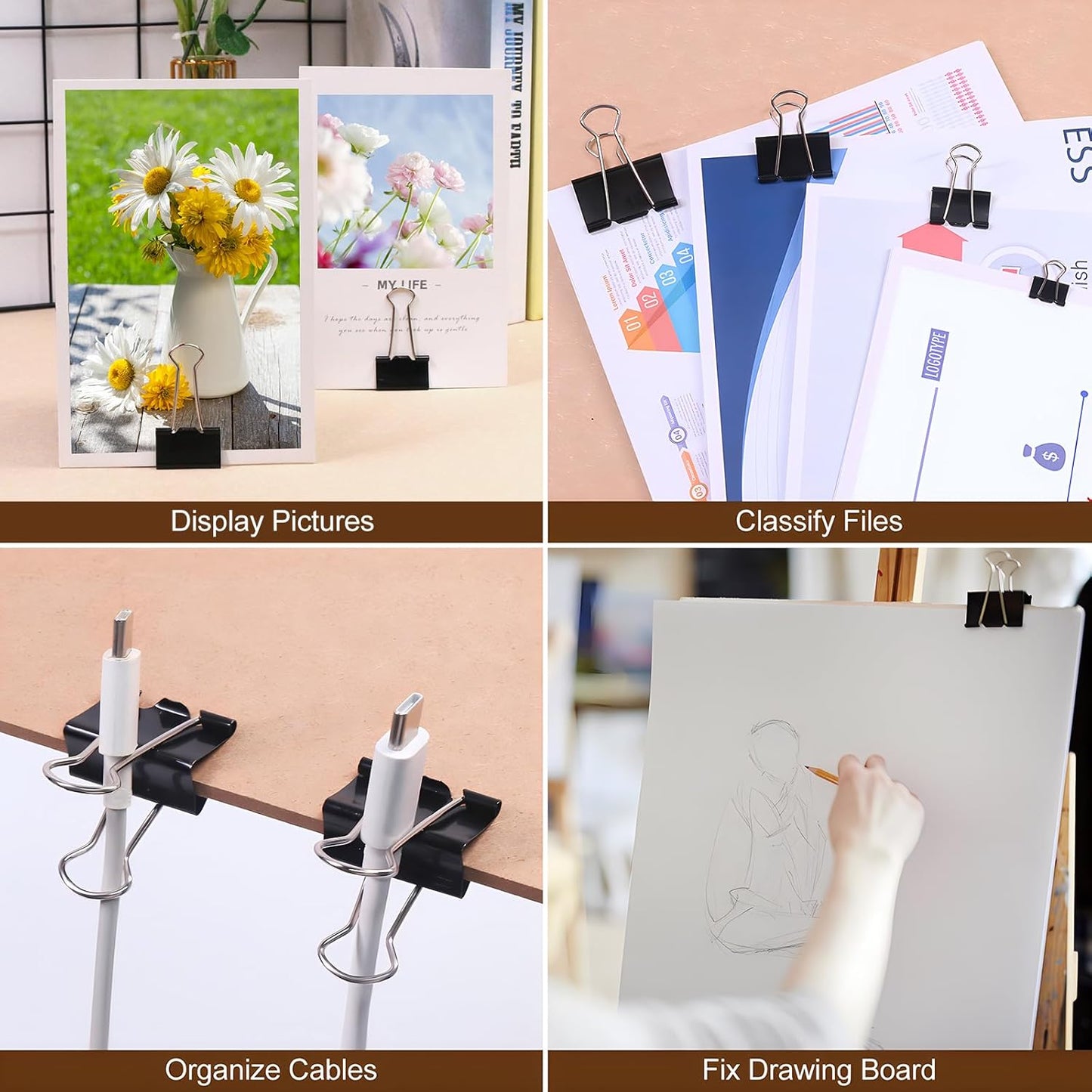 Black Binder Clips Assorted Sizes - Coideal 100 Pcs Metal Binder Paper Clips Foldback Bulldog Clip Clamps for Office School (Mini, Small, Medium, Large)