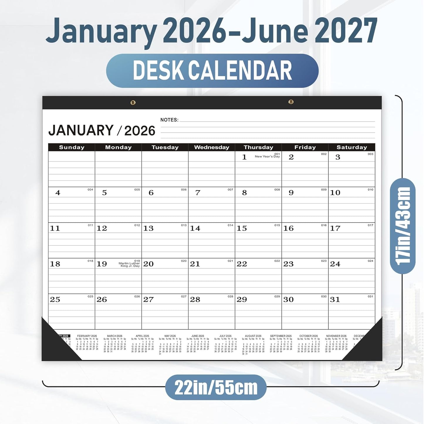 Desk Calendar 2026,January 2026 to June 2027,Desk calendar 2026 Large 22x17, Calendar 2026 with PVC Cover,Round Holes& NOTES List (Black),18 Months 2026 Desk Calender.