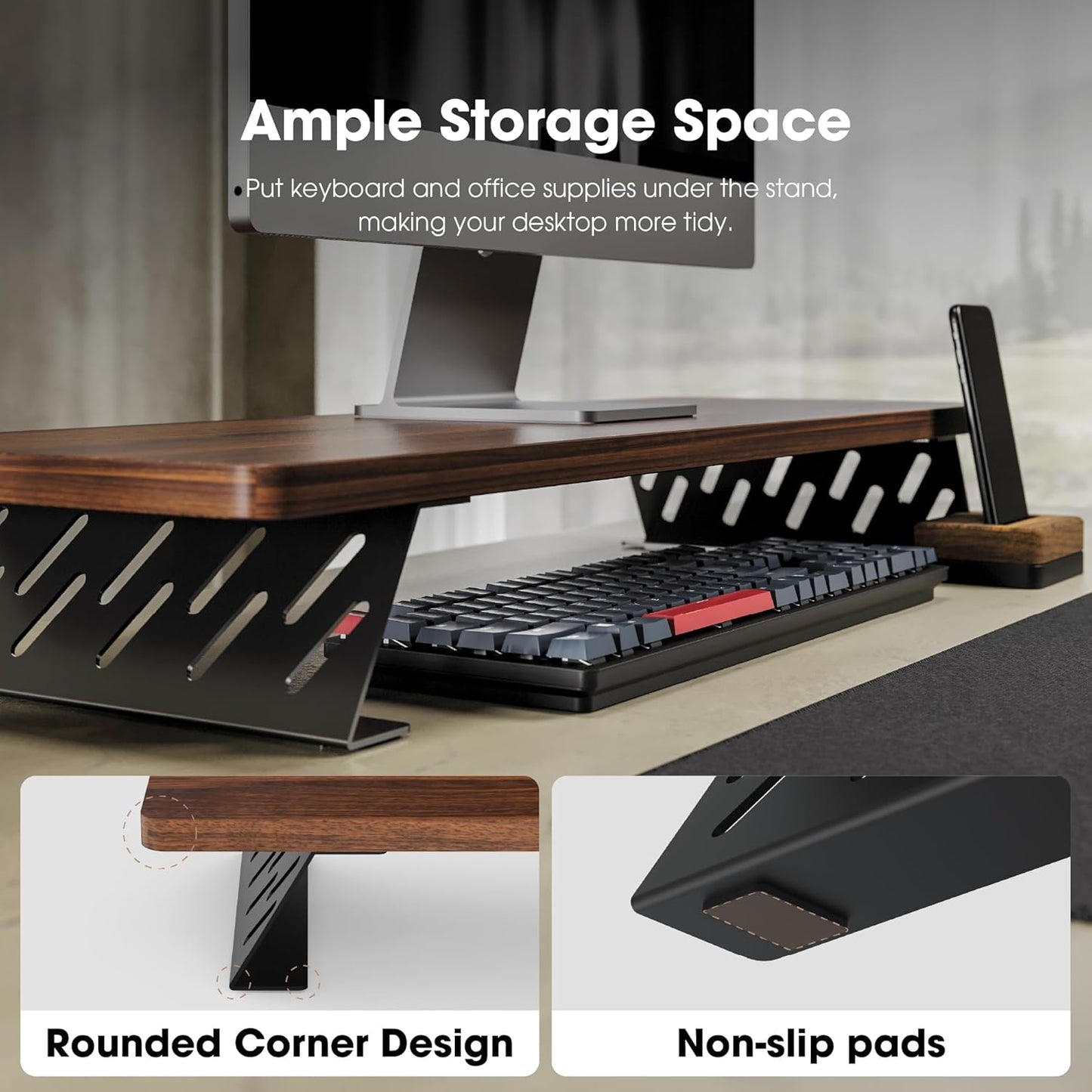 Fenge Monitor Stand Riser, Desk Top Shelf for 2 Monitors, Computer Stands for Desk, Wood & Steel Desktop Riser for Laptop, PC, Printer