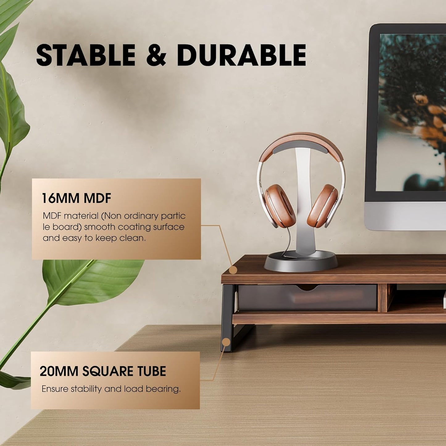 Fenge Dual Monitor Stand, Monitor Riser with Drawer, 42.5 Inch Large Computer Monitor Stand for 2 Monitors, 2 Tier Wooden Desk Shelf for Top of Desk