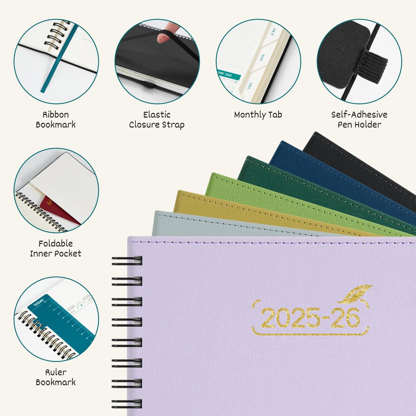 BEZEND Weekly Planner 2025-2026 with 2 Columns, 5.8" x 8.5" Academic Calendar 18 Months (Jul 25-Dec 26) Life Work Appointment Book with Monthly Tab, PU Leather Softcover Spiral - Lilac