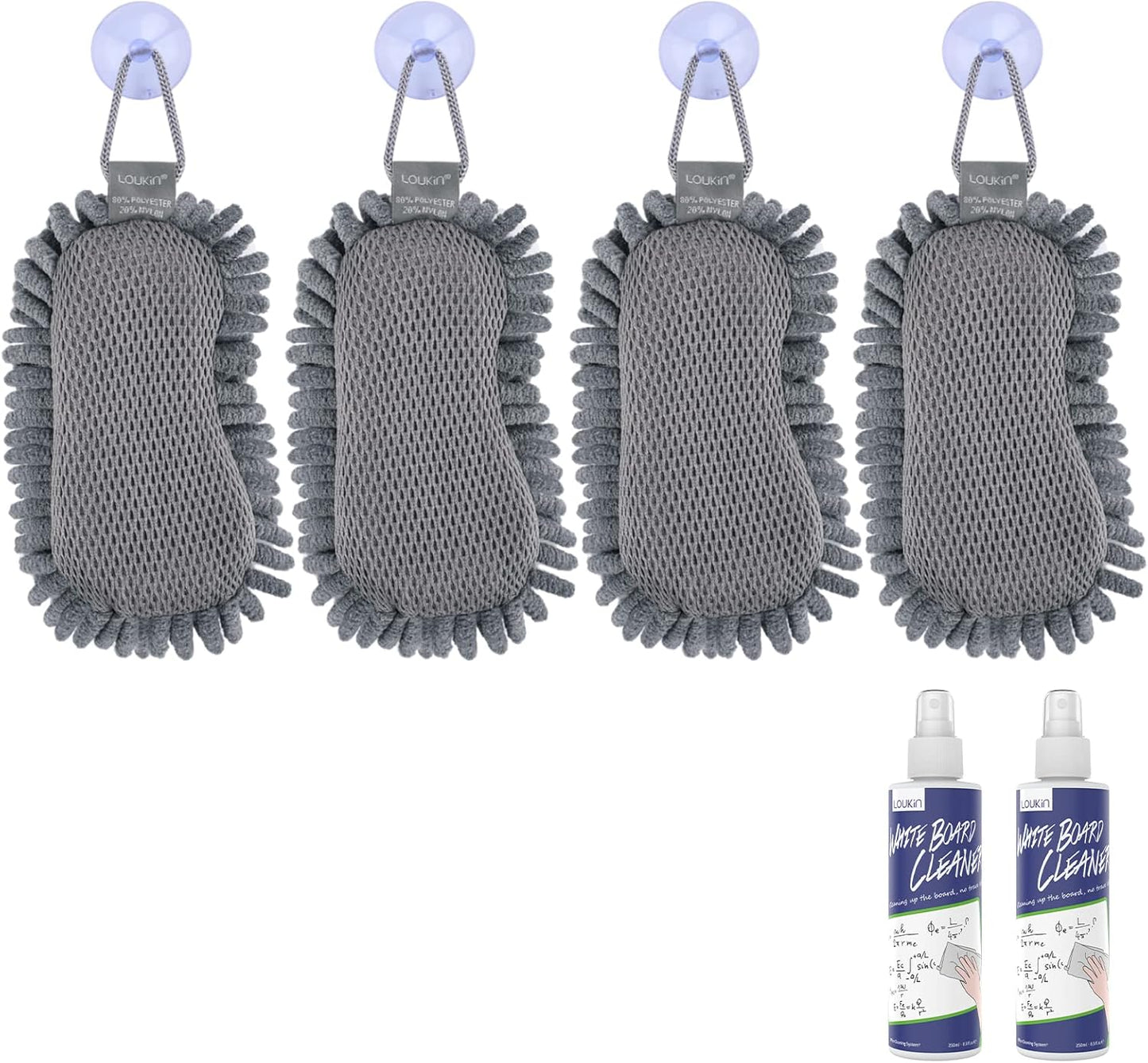 loukin Shag Dry Erase Eraser(4 Pack), Microfiber Whiteboard Eraser, Washable Glass Board Erasers, for Classroom, Home and Office Use (2 Bottles of 3.4 fl oz Whiteboard Cleaner Included)