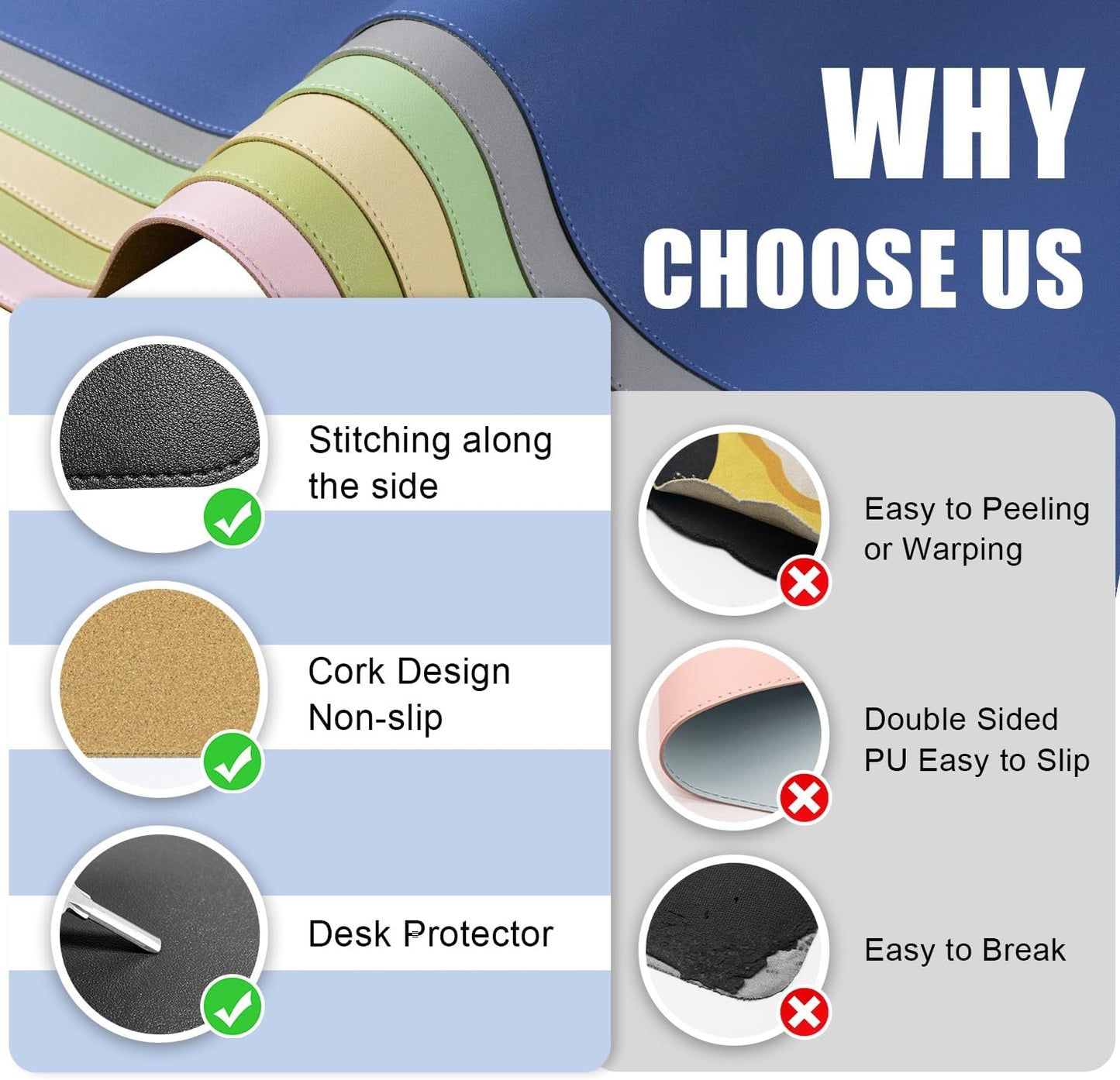 Non Slip Desk Mat, 31.5" x 15.7" PU Leather Desk Pad, Cork Desk Mat for Desktop, Desk Pad for Keyboard and Mouse, Ideal for Office and Home, Black