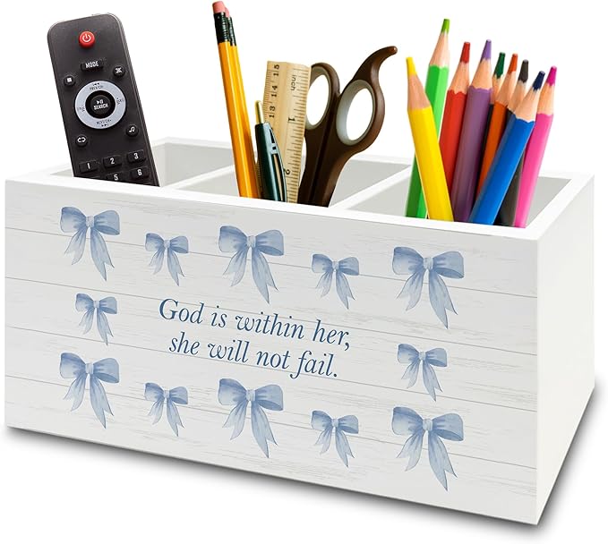 Blue Coquette Bow Christian Pen Pencil Holder Organizer for Desk, Preppy Desk Decor, Christian Gifts for Women, Bible Verse Wooden Box Sign for Girly Room Bedroom Dorm Tabletop Decorations
