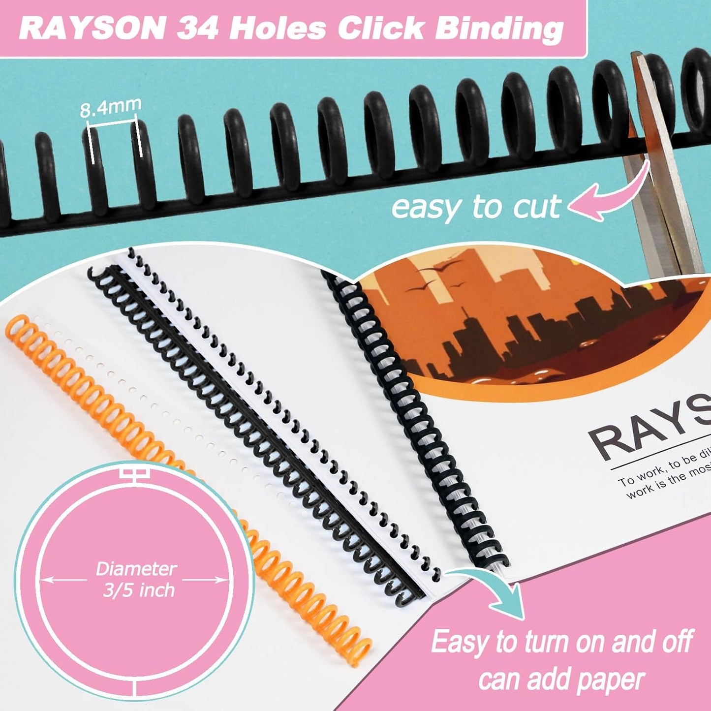 Rayson PROC1530BK Click Binding Spines, 3:1 Pitch, 120 Sheets Binding Capacity, 3/5" Diameter, Black, 30/Box