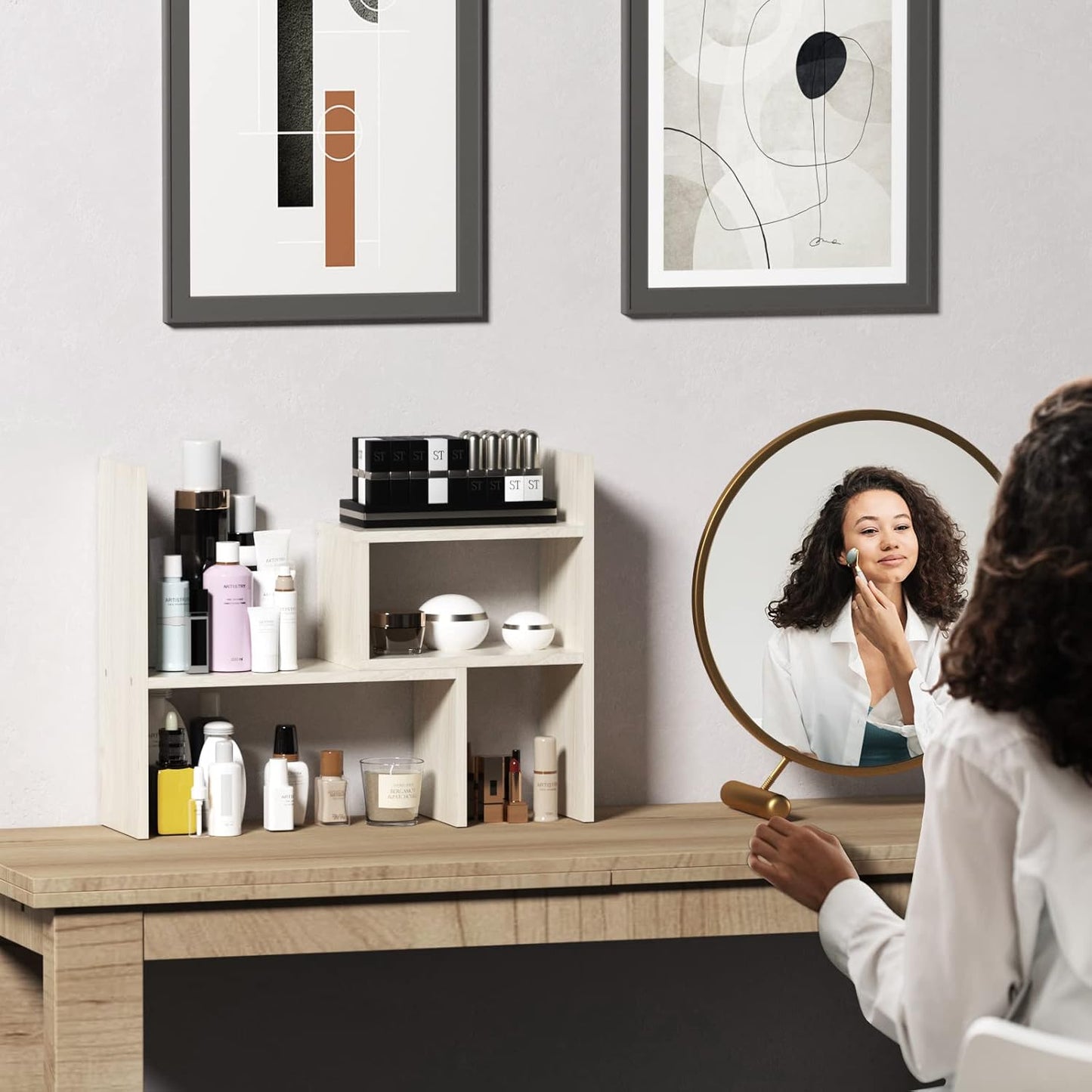 TY ARTS & CULTURE - Expandable Wood Desktop Storage Organizer Multipurpose Desk Bookshelf Display Shelf Rack Counter Top Bookcase for Office Home | Natural Beige