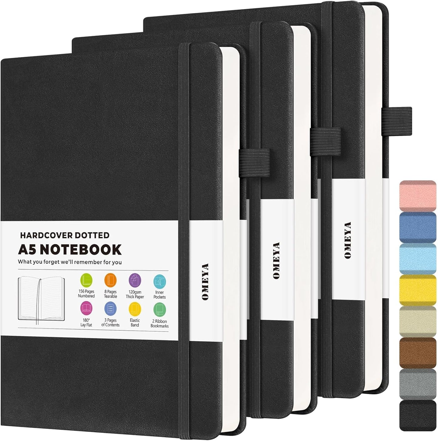 OMEYA Dotted Journal Notebook 3 Pack, A5 Hardcover Notebook with 120gsm Thick Dotted Paper, Leather Journals for Women, Men, Dot Grid Notebook Journal for Writing, Notebooks for Work, 5.75" × 8.38"