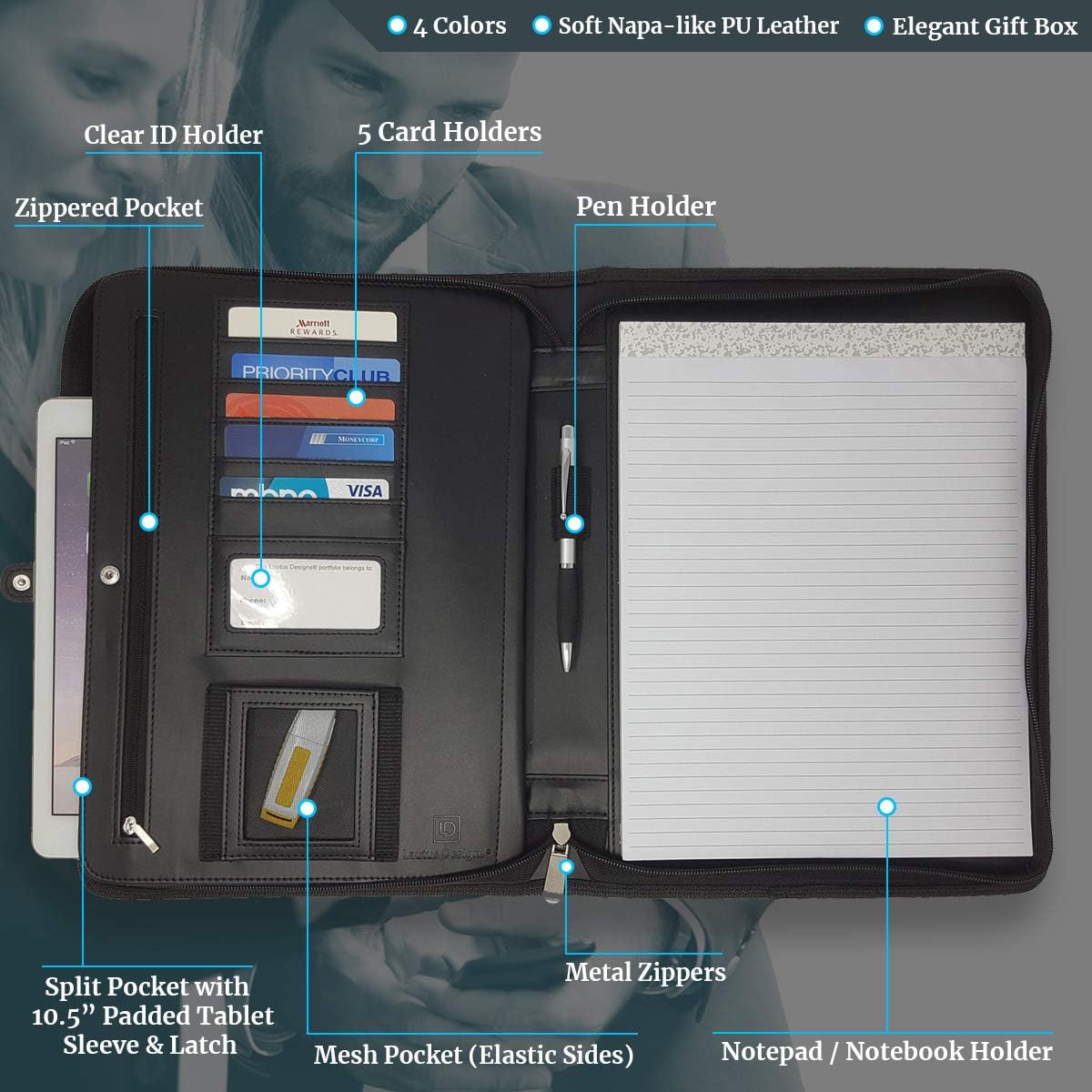 Matt Black Zippered Portfolio Binder - PU Leather Business Portfolio Organizer - Padfolio for Men & Women with US Letter Notepad, 10.5 Inch Tablet Pocket & Gift Box by Lautus Designs