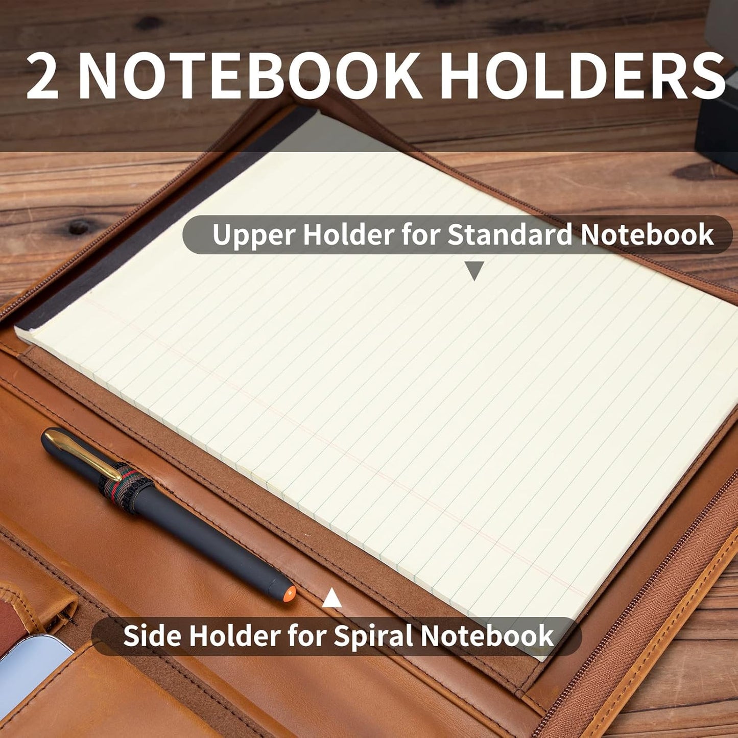 Genuine Leather Portfolio with Front Pocket for Men and Women, Zippered Padfolio Binder 8.5 x 11 Legal Pad Notebook Holder, Fits 13” Laptop, Professional Work File Case, Brown