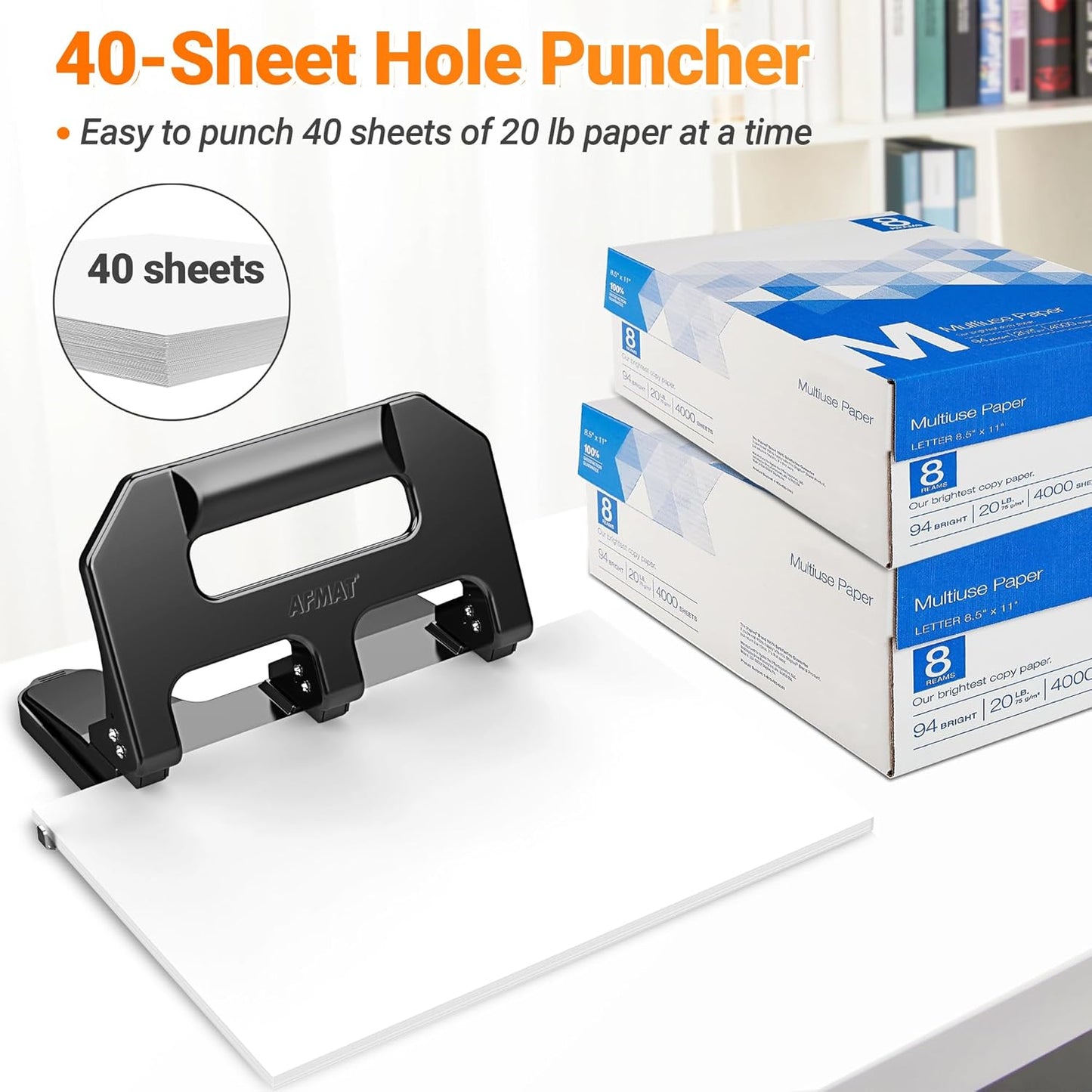 3 Hole Punch Heavy Duty, AFMAT 3 Hole Puncher for Binder, 10000+ Punching Times, 40-Sheet Three Hole Punch, Metal Hole Puncher 3 Ring, 50% Reduced Effort, Bulit-in S.S. Paper Guide, Last for Years