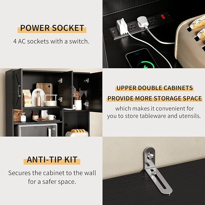 Mini Fridge Cabinet with Storage, Coffee Bar Cabinet with Mini Fridge Space and Outlet, Wine Bar Stand with Microwave Shelf, Beverage Station for Kitchen, Dorm, Office Black KH02MRB