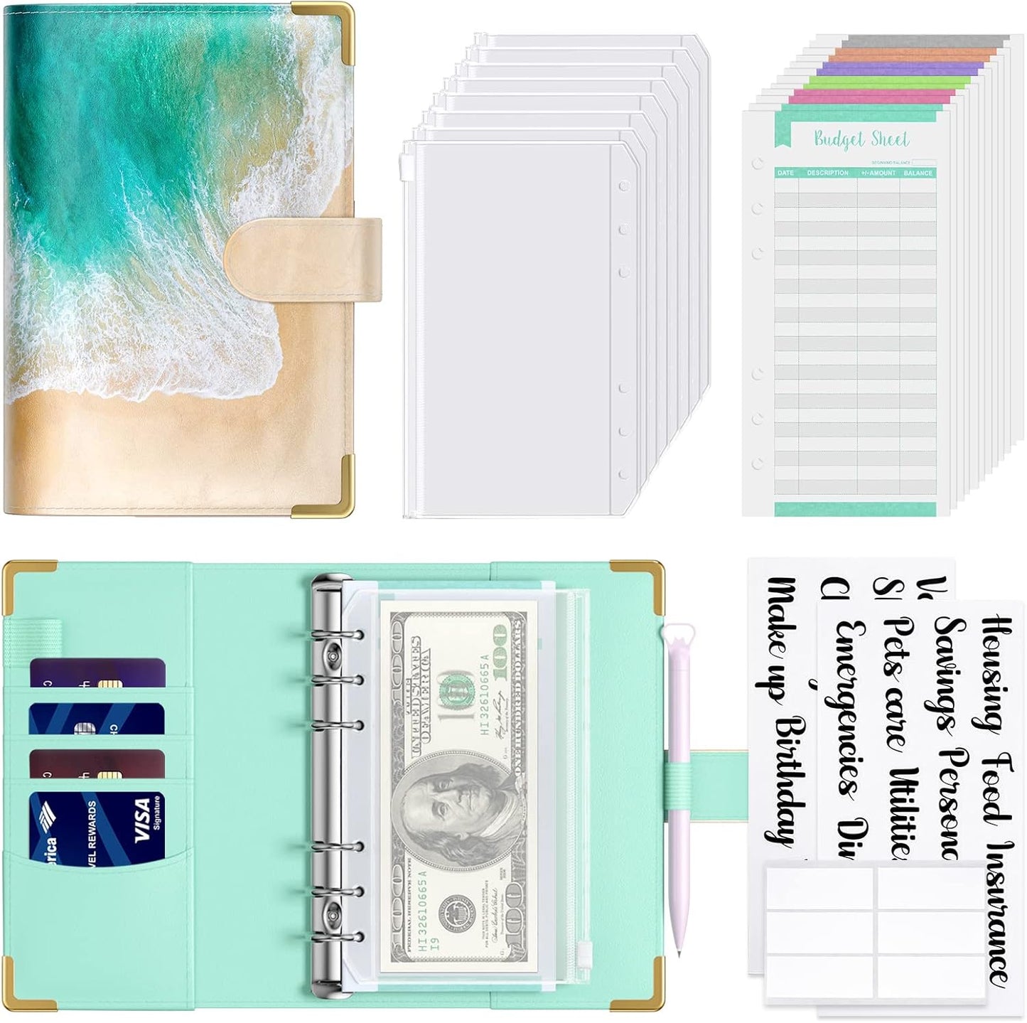 Rnivvi Budget Binder with Zipper Envelopes, A6 Money Saving Binder Cash Envelopes for Budgeting, PU Leather Planner Money Organizer for Cash Stuffing Planning, Cute System Wallet for Women Men, Beach