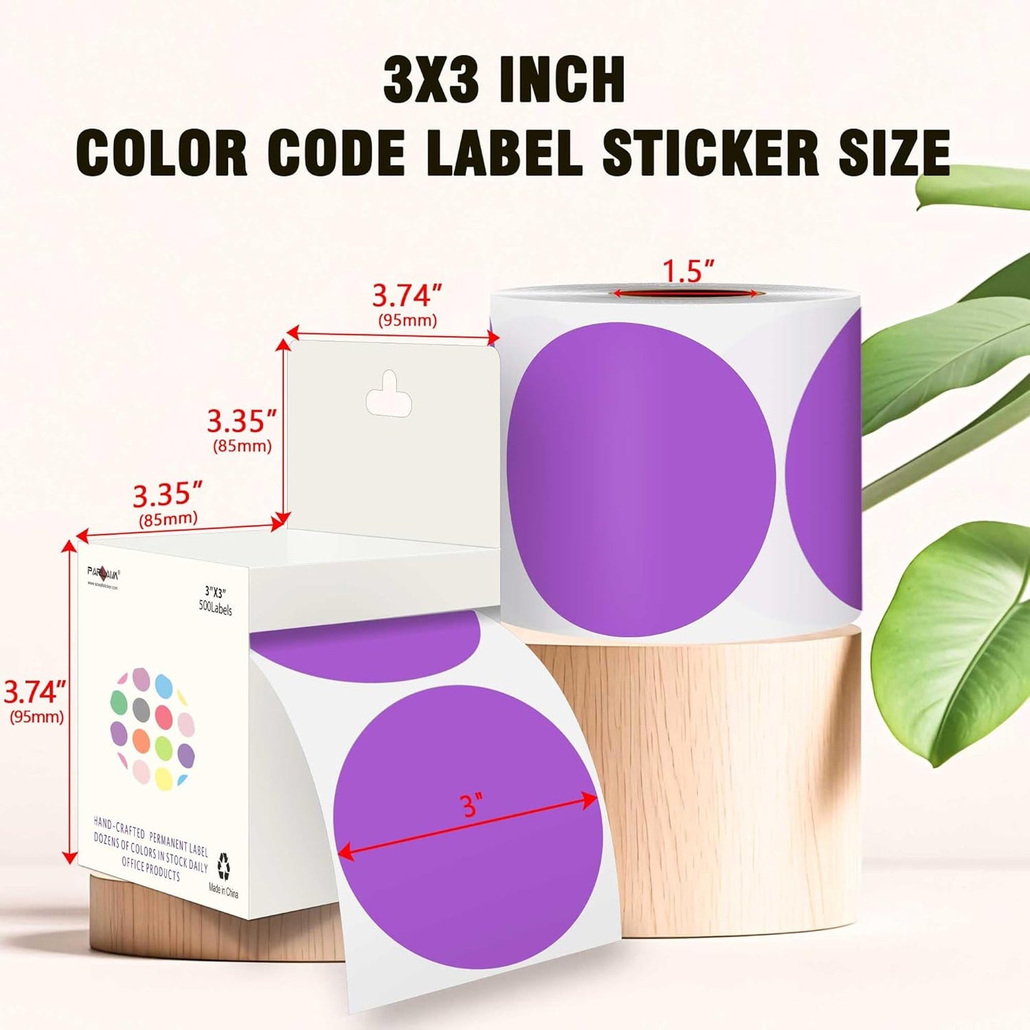 PARLAIM 3”Color Coding Labels Stickers,4Rolls/2000per Dispenser Box Round Adhesive Circle Dot Stickers for Inventory Office Home（Purple）