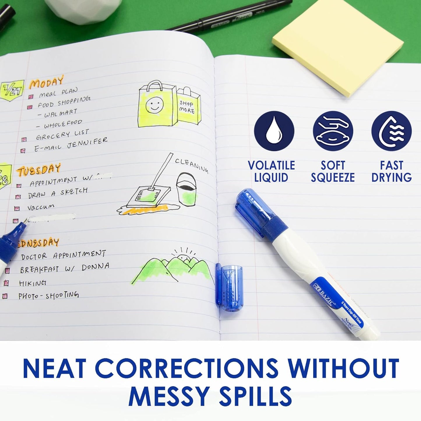 BAZIC Correction Pen, Precise Metal Tip Applicator, Fine Point Corrections Fluid, White Out Wipe Out Liquid (2/Pack), 2-Packs