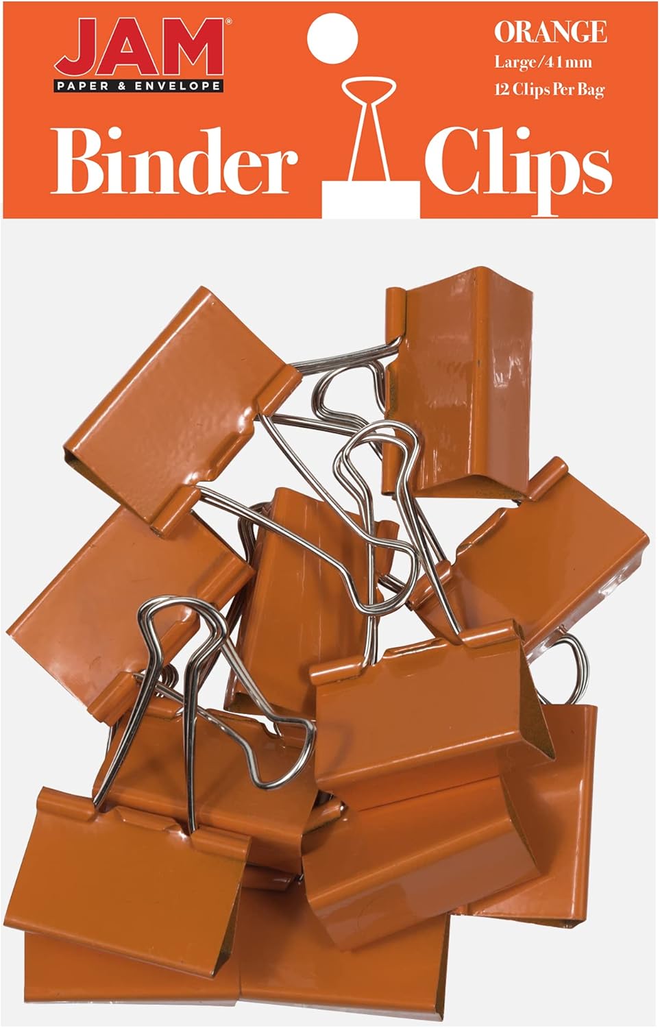 JAM PAPER Colorful Binder Clips - Large - 1 1/2 Inch (41 mm) - Orange Binderclips - 12/Pack