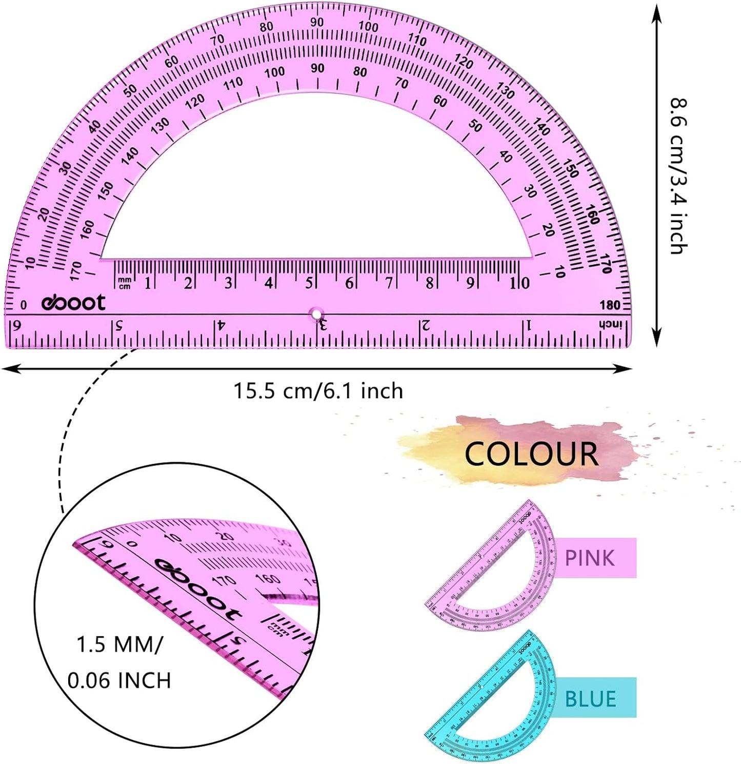 EBOOT 24 Pack Plastic Protractors Math Protractor 180 Degrees 6 Inch (Pink, Blue)