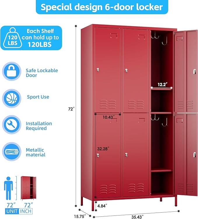 6 Doors Metal Locker with Business Card Holder and 18 Hooks,Metal Locker for Employees with Ventilation Holes for School Garage Office Gym Home,Assembly Required,Red