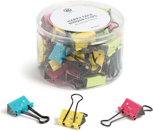 U Brands Happy Face Binder Clips, Bright Colors with Black Prongs, Office Organization Supplies, 32mm, 48 Count