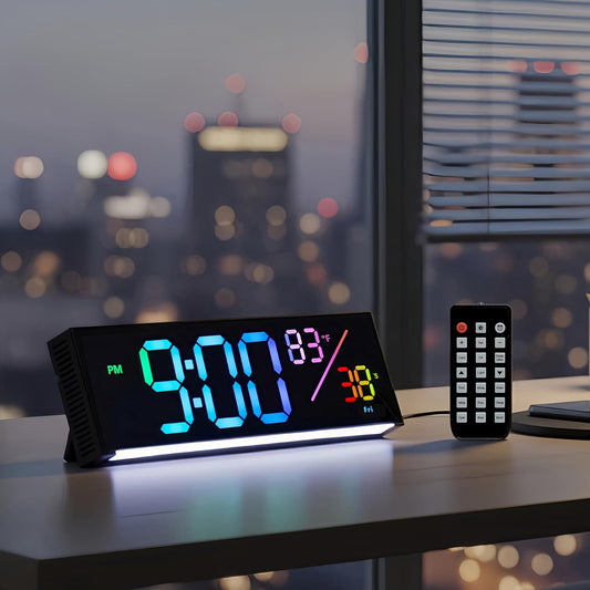 11-Inch LED Digital Wall Clock with RGB Flowing Light, Seconds, Date, Time, Temperature｜ Clear Large Numbers, Dual Alarm Settings, Remote Controlled ｜ Stylish Modern Clock for Living Room, Bedroom