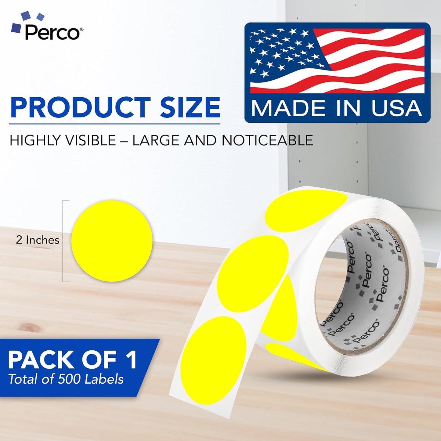 Perco Fluorescent Yellow 2-Inch Round Sticker Labels with Easy Peel Perforation - 500 Labels per Roll - Strong Adhesion, Vibrant Colors for Organizing, Crafting & More - Made in USA