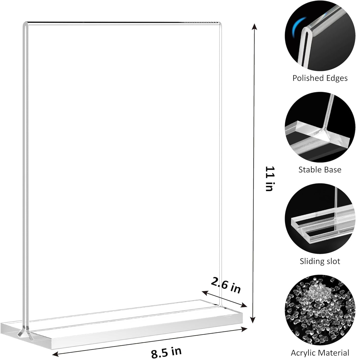 8.5x11 Acrylic Sign Holder 5 Pack, Vertical Double-Sided Display Standing, Clear Plastic Sign Holder Paper Flyer Menu Brochure Holders 8.5x11 inches for Restaurants, Office, Store