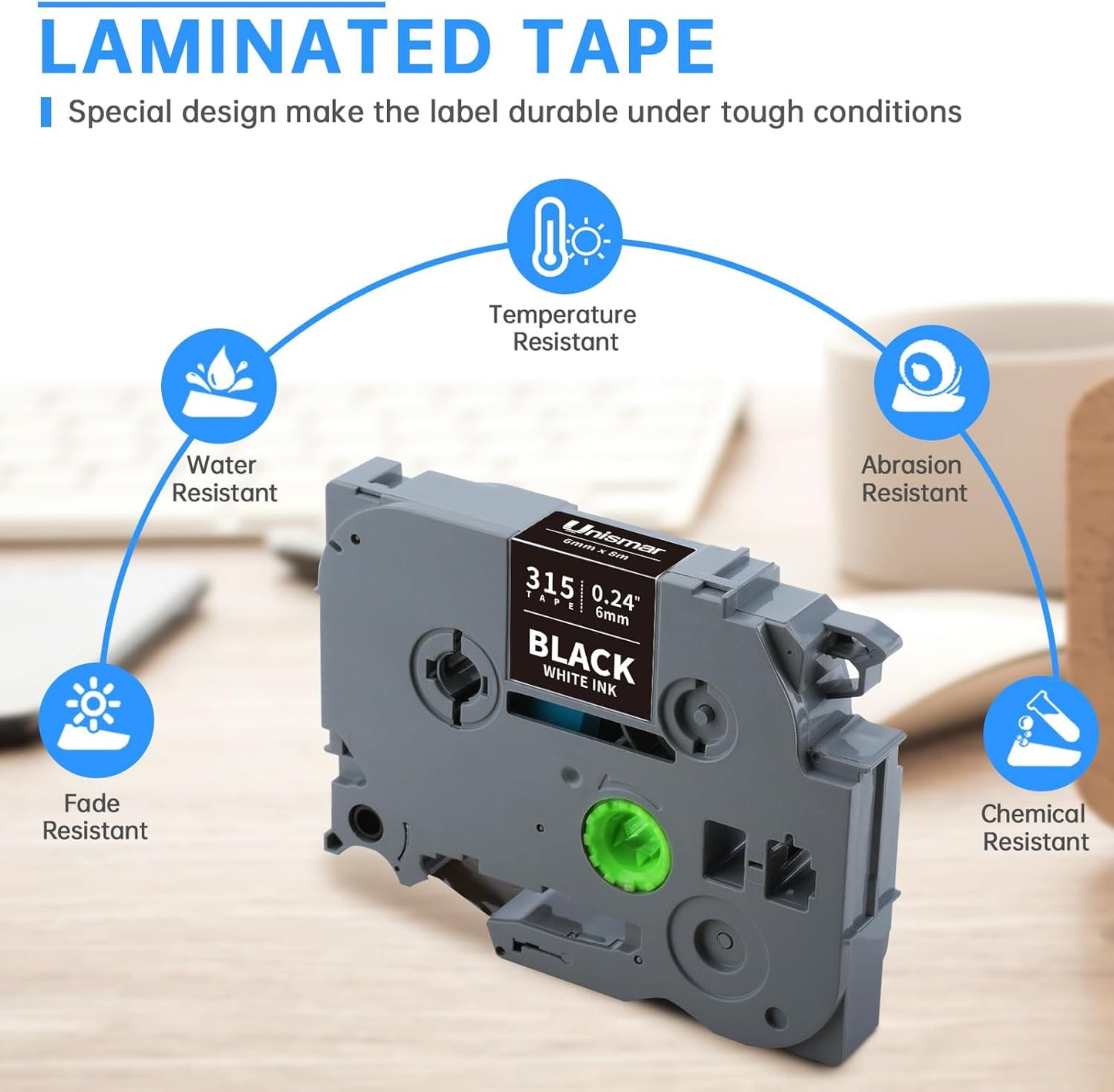 Unismar Compatible for Brother 6mm White on Black Label Maker Tape TZe-315 TZ315 TZe 6mm 0.23 Black Tape Work for PTD220 PTD200 PTD210 PTD600 PTD400 PTH100 PTH110 PT1280 PT1890, 1/4'' x 26.2', 4-Pack