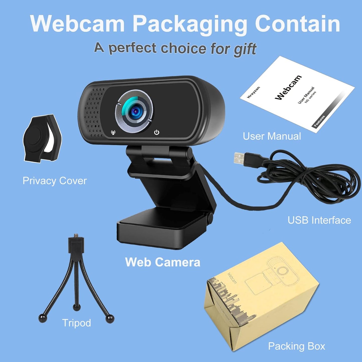 Webcam 1080p, Webcam for PC -with Microphone/Tripod/Privacy Cover, Computer Camera 110°Wide View, Plug and Play USB Web Camera for Desktop, PC Web-cam for Laptop Mac Zoom Conferencing Streaming