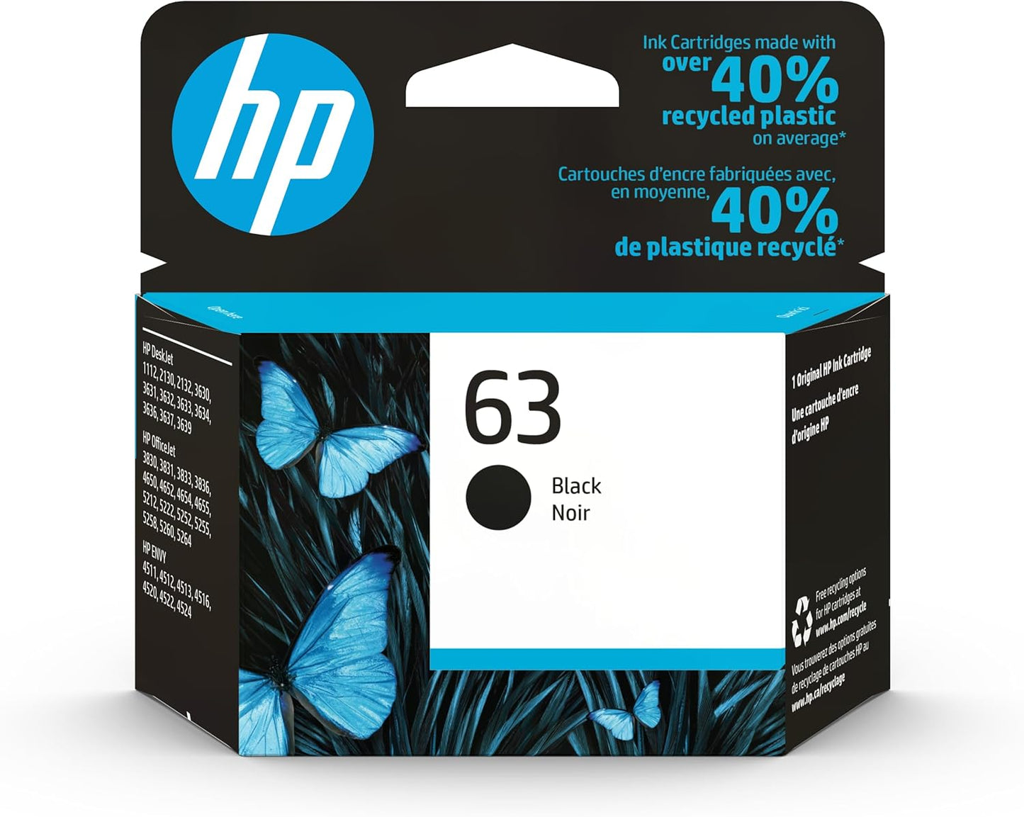 HP 63 Black Ink Cartridge for HP Printers | Works with Printer Series: DeskJet 1112, 2130, 3630; ENVY 4510, 4520; OfficeJet 3830, 4650, 5200 | Eligible for Instant Ink | F6U62AN