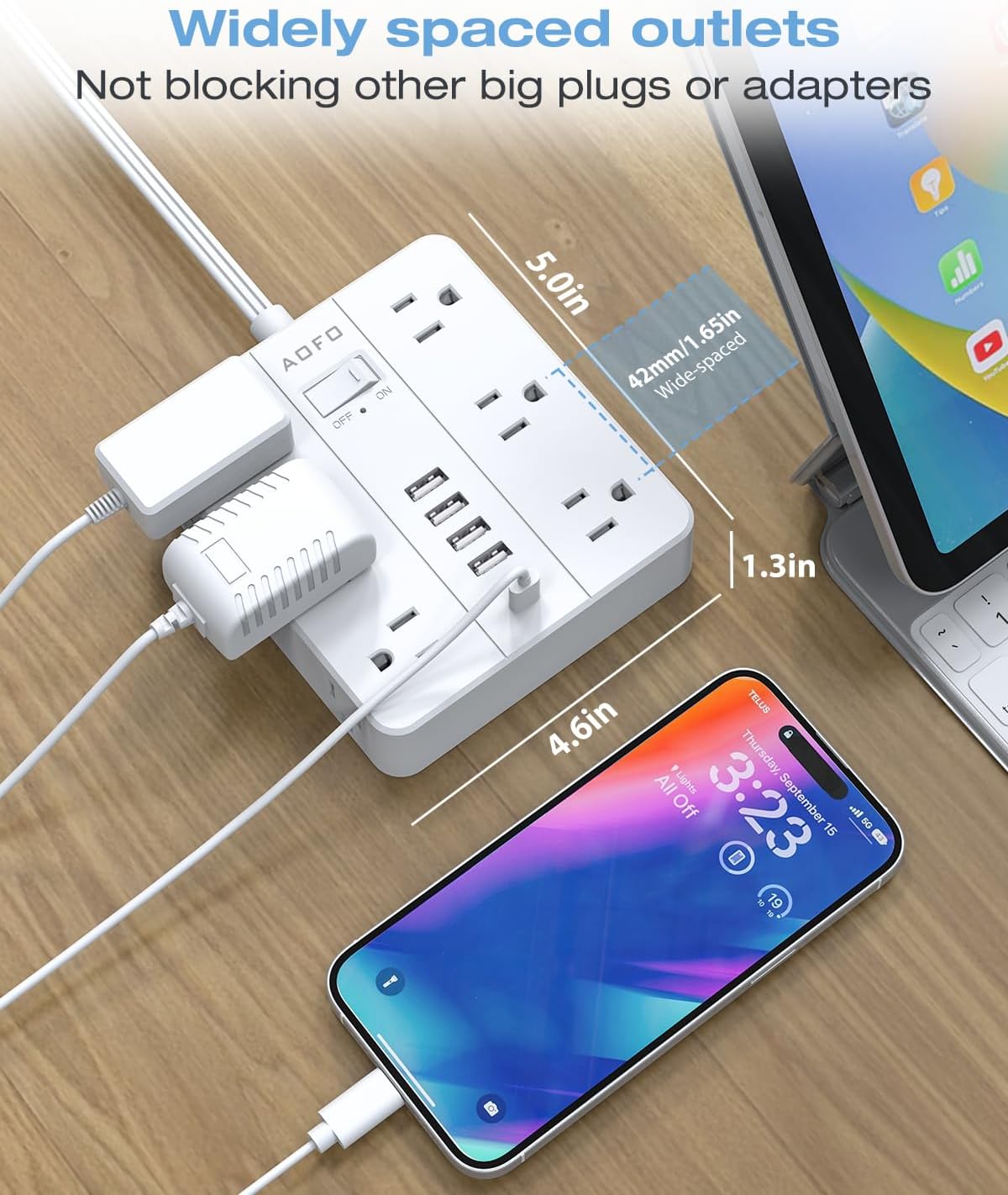 Flat Plug Power Strip, AOFO Surge Protector Flat Extension Cord with 12 AC Outlets and 6 USB(2 USB-C) Ports,Multiple Outlet Wall Plug 5FT Extension Cord for Home Office, Dorm Room Essentials