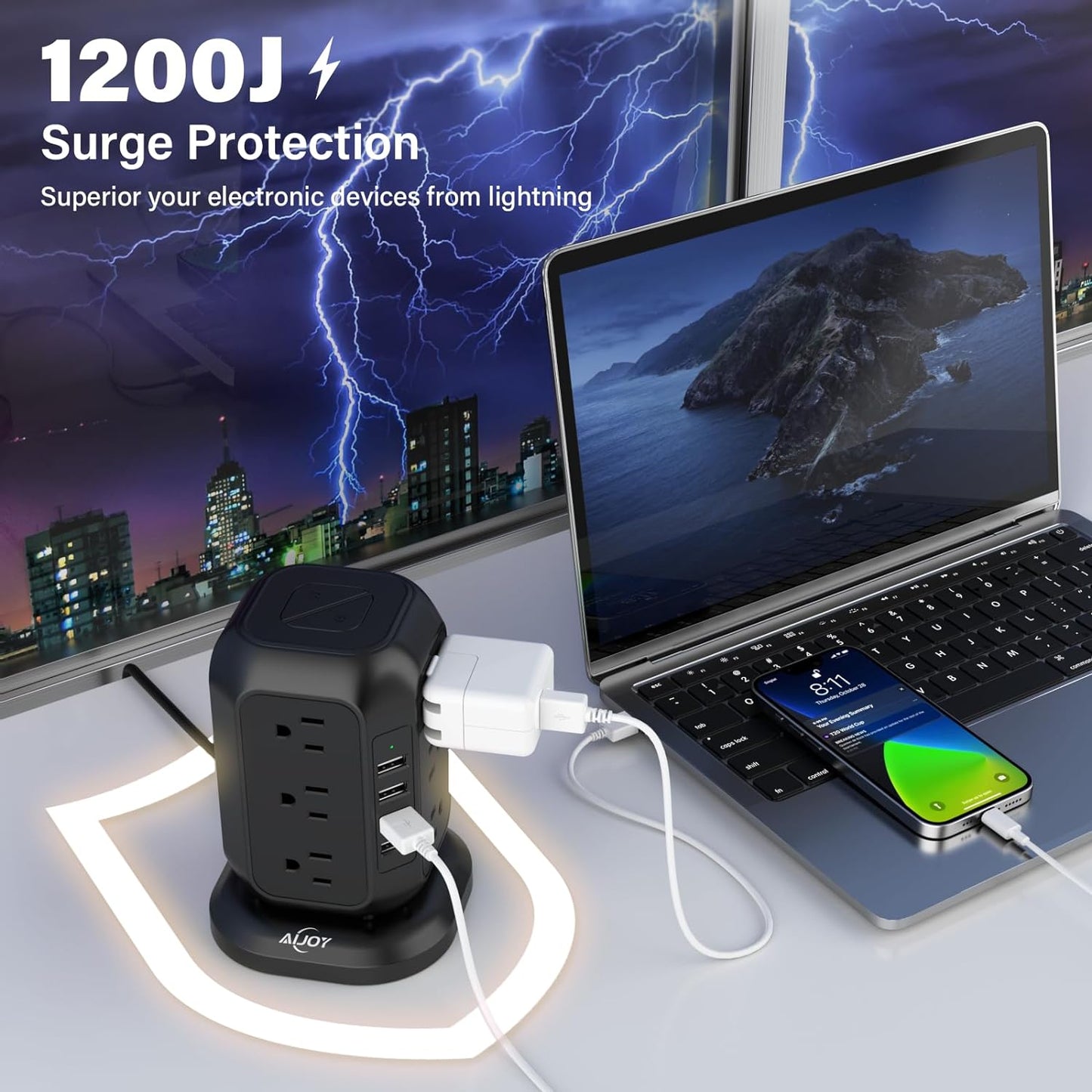 Power Strip Tower with USB Ports-AiJoy Surge Protector with 12 AC Outlet and 4 USB Ports, 10 Ft Extension Cord with Multiple Outlets, Charging Station with Overload Protection, for Home Office Dorm