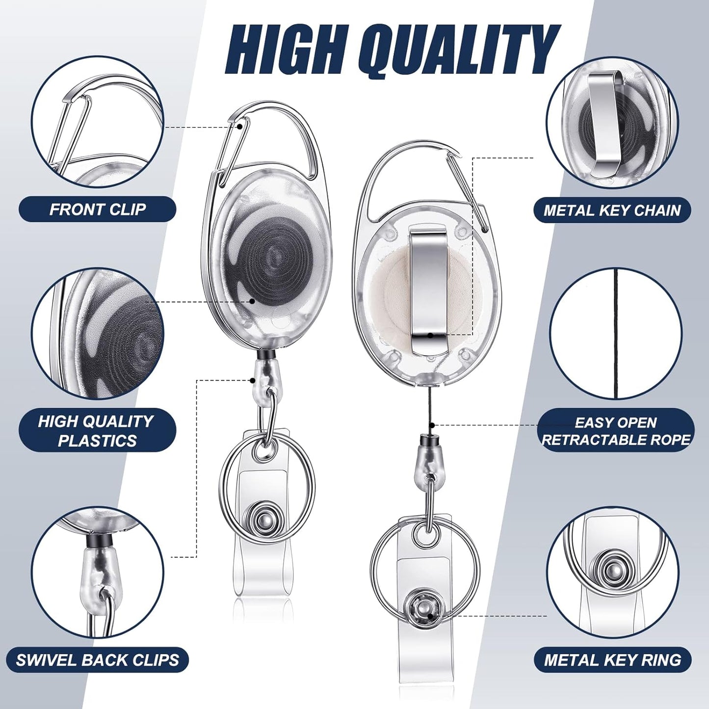 100 Pack Retractable Badge Reels Bulk Heavy Duty Badge Reel Holders with Carabiner Belt Clip and Keychain for Lanyard Card Nurse School Office Employee (Clear White)