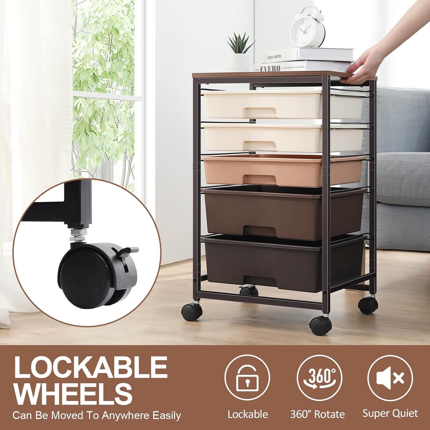 Utility Cart with 5 Drawers,Storage Drawer Cart with Wooden Tabletop and Lockable Wheels,Craft Storage Trolley Cart,5-Tier Rolling Utility Cart on Wheels,Dark Brown
