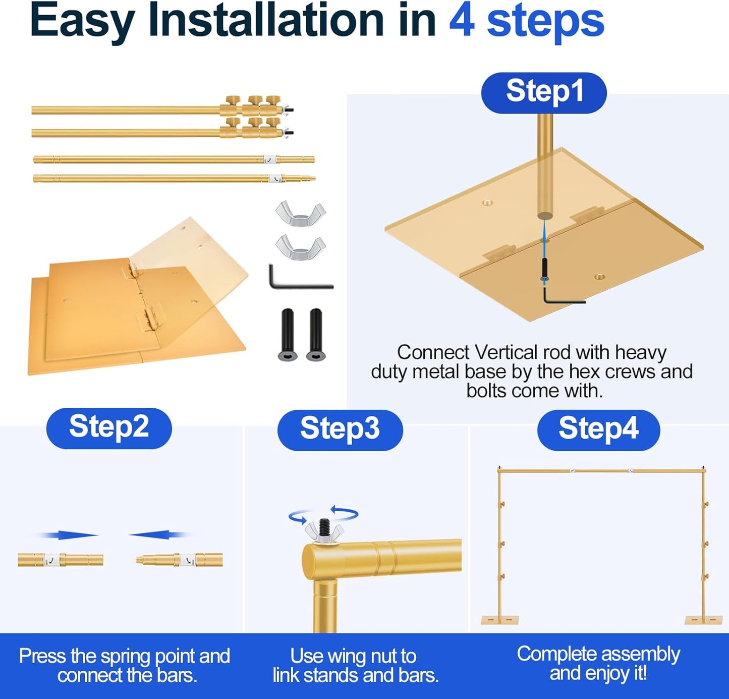 EMART Backdrop Stand, 8.5x10ft Width Adjustable Photography Background Support Poles with Heavy Duty Flat Base, Photo Metal Steel Pipe and Drape Frame Kit for Parties Birthday Wedding - Gold