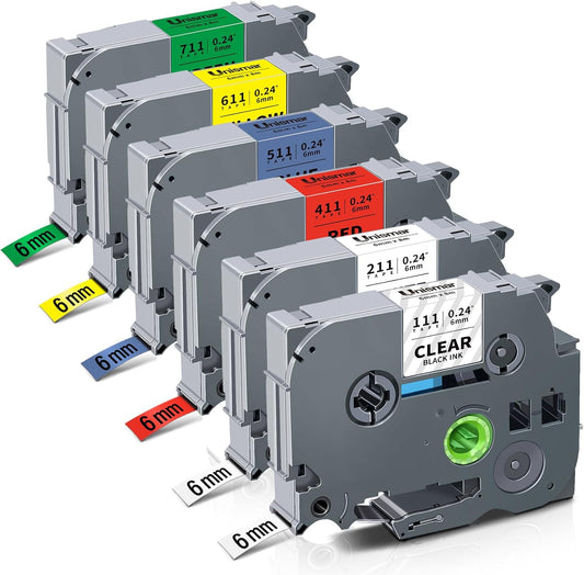 TZe TZ Tape 6mm 0.23" Laminated Colored Compatible for Brother P Touch TZe-211 TZe-111 Label Tape for PT-D210 D220 H110 D400 Label Maker, Black on White/Clear/Red/Blue/Yellow/Green, 1/4 Inch, 6-Pack