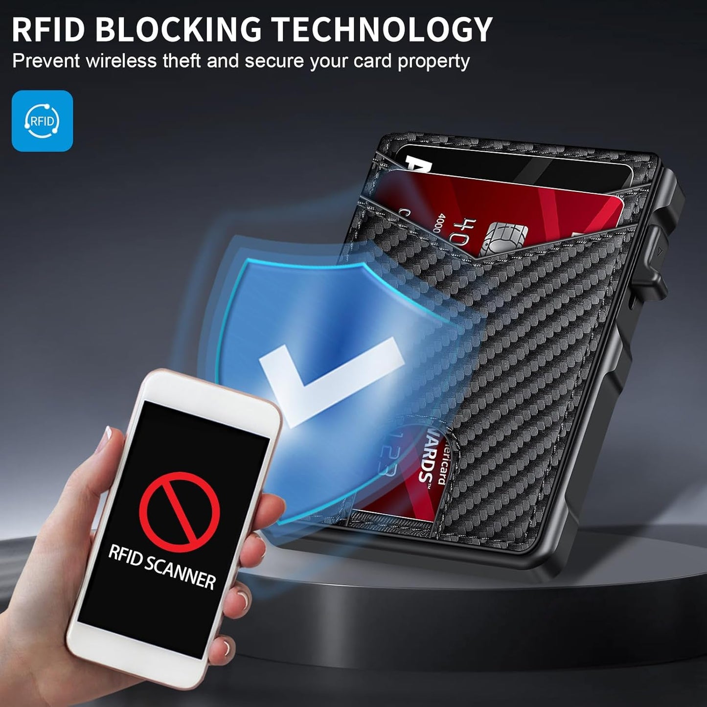 Airtag Wallet for Men, Mens Smart Wallet for Air Tag RFID Blocking, Minimalist Bifold Pop Up Aluminum Credit Card Case Holder 12+ Cards with ID Window, Gift for Men, No Airtag Included, Carbon Blue