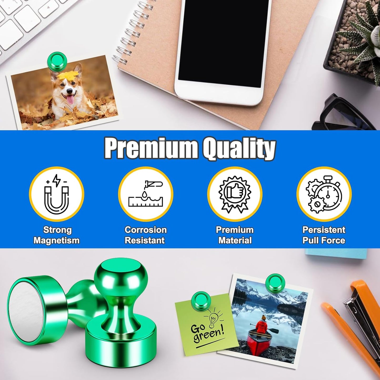 Strong Fridge Whiteboard Magnets, Tiny Magnetic Push Pins, 28PCS Green Metal Neodymium Magnet for Kitchen Accessories, Office Accessories, Fridge Accessories, Desk Accessories