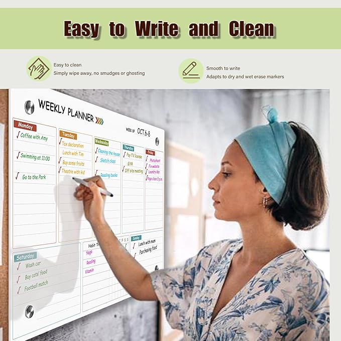 Glass Weekly Dry Erase Board for Wall 16"X 12",Colorful Weekly Calendar Whiteboard,to Do List Weekly Planner Whiteboard,Frameless Mounting,for Memo, School, Home, Office, Kitchen UV3040