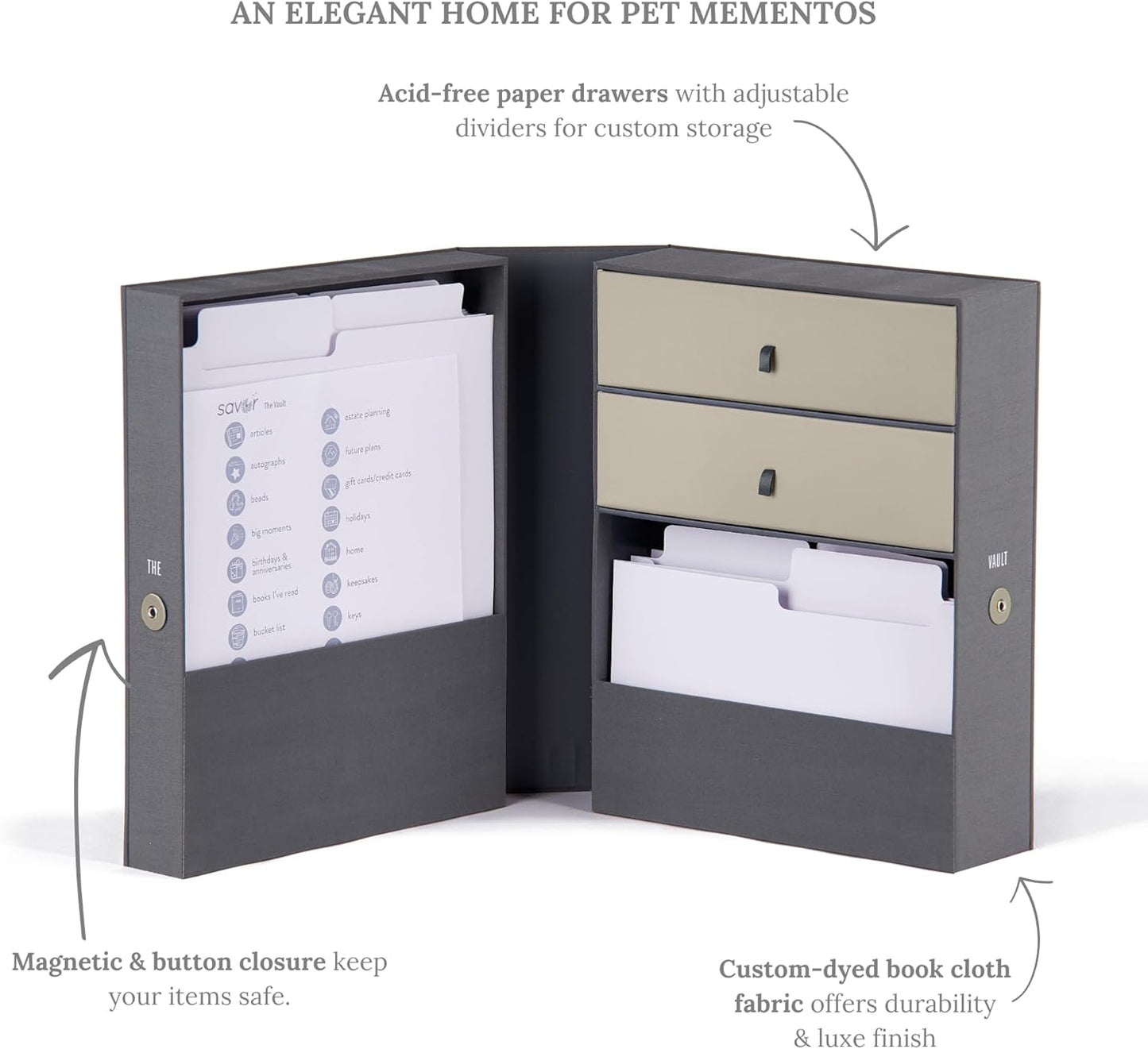 Savor | All-in-One Organizer | Gray Keep Vet Records, Tags, Collars and Fido's Favorite Toy Organized or Keep Cherished Pet Memories Safe in One Convenient Home with This Gift for Pet Parents
