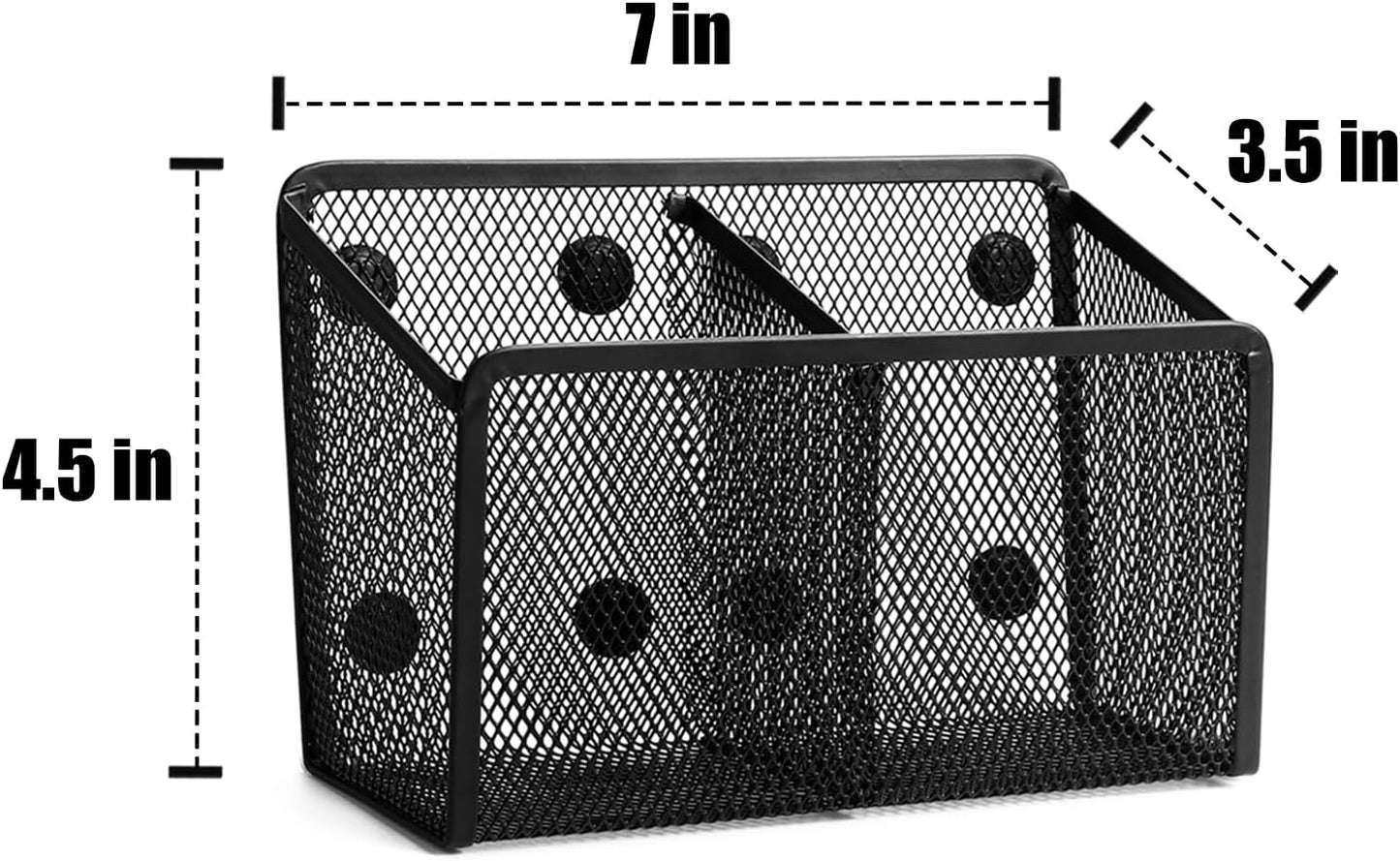 Magnetic Pencil Holder - Extra Strong Magnets Mesh Marker Holder Perfect for Whiteboard, Refrigerator and Locker Accessories (2 Baskets, 1 Pack Black)