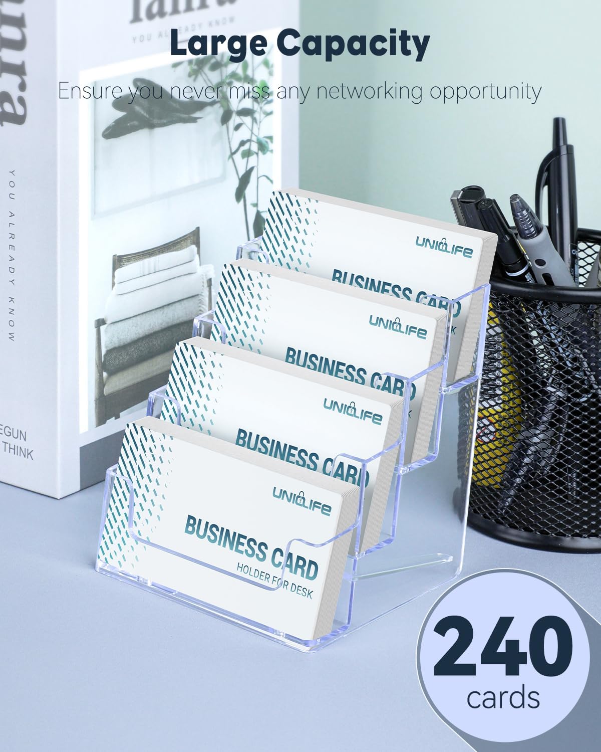 Uniclife Acrylic Business Card Holder for Desk 4 Slots Clear Business Card Display Stand for Men & Women Desktop Business Card Organizer Card Stand for Office Home Exhibition, 240 Card Capacity
