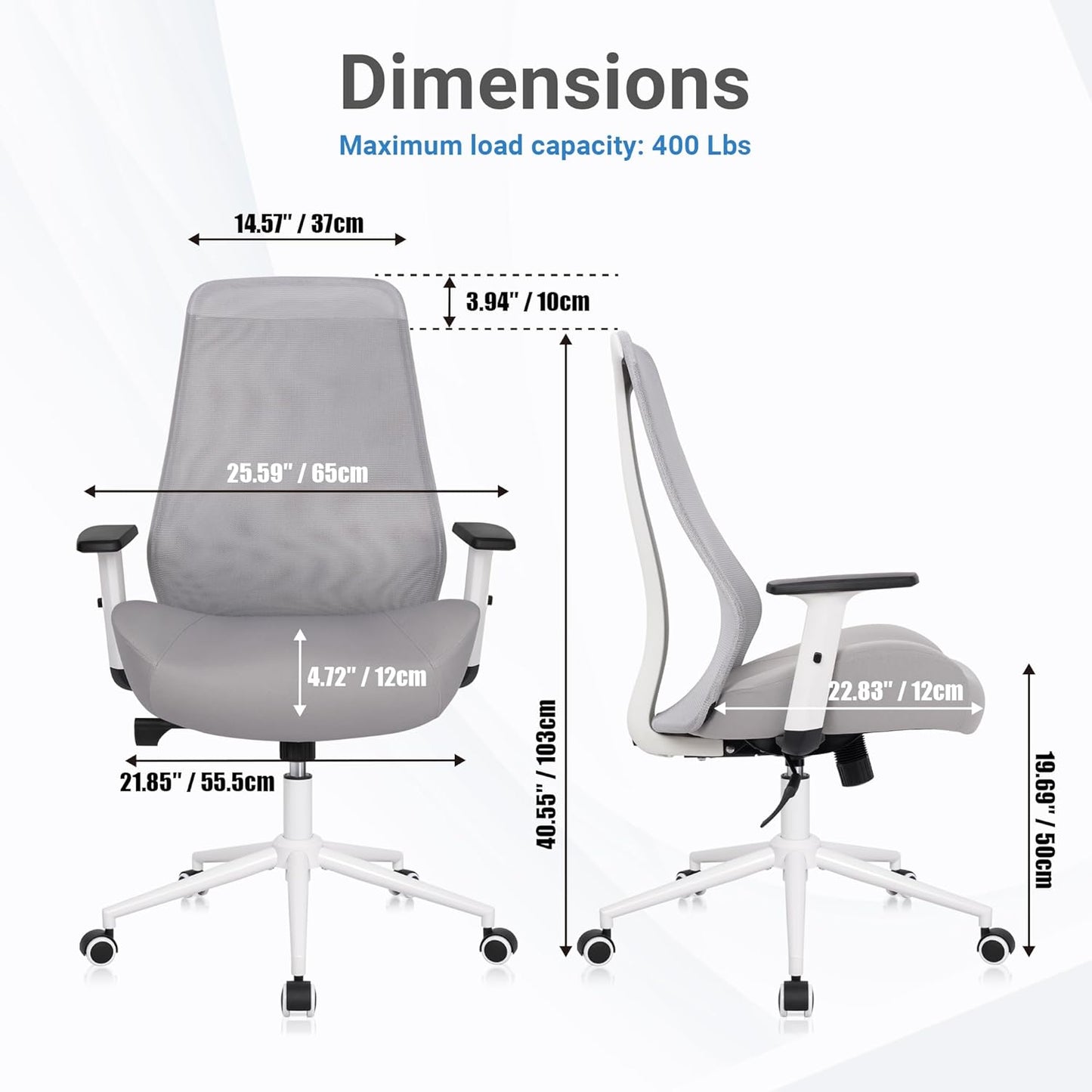 HYLONE Office Chair, 5" Thickened Seat Ergonomic Desk Chair with Adjustable Armrests, Home Office Computer Chairs for Long Hours Mesh Executive Chair(White Base&Grey)