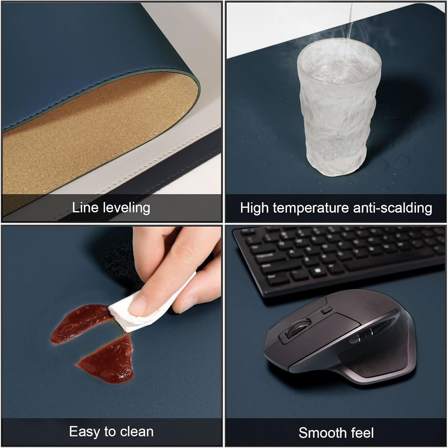 DAWNTREES Dual Sided Desk Mat,Blue Leather Desk Pad,47.2''x23.6'',Cork Desk Mat Protector,120x60cm Extra Large Mouse Pad,with PU Leather Valet Tray Organizer,Desk Writing Pad for Office and Home