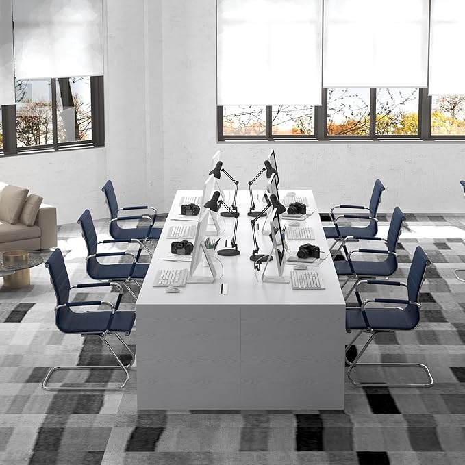 Office Desk Chair No Wheels Set of 6 PU Leather Computer Chairs Mid Back Guest Chairs for School Reception Conference Waiting Room, Navy Blue